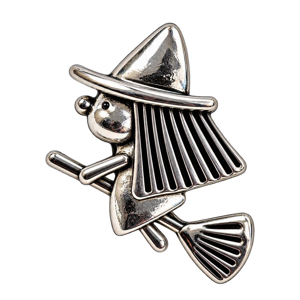 Silver Tone Flying Witch Lapel Pin Halloween Broomstick Jewelry CP160